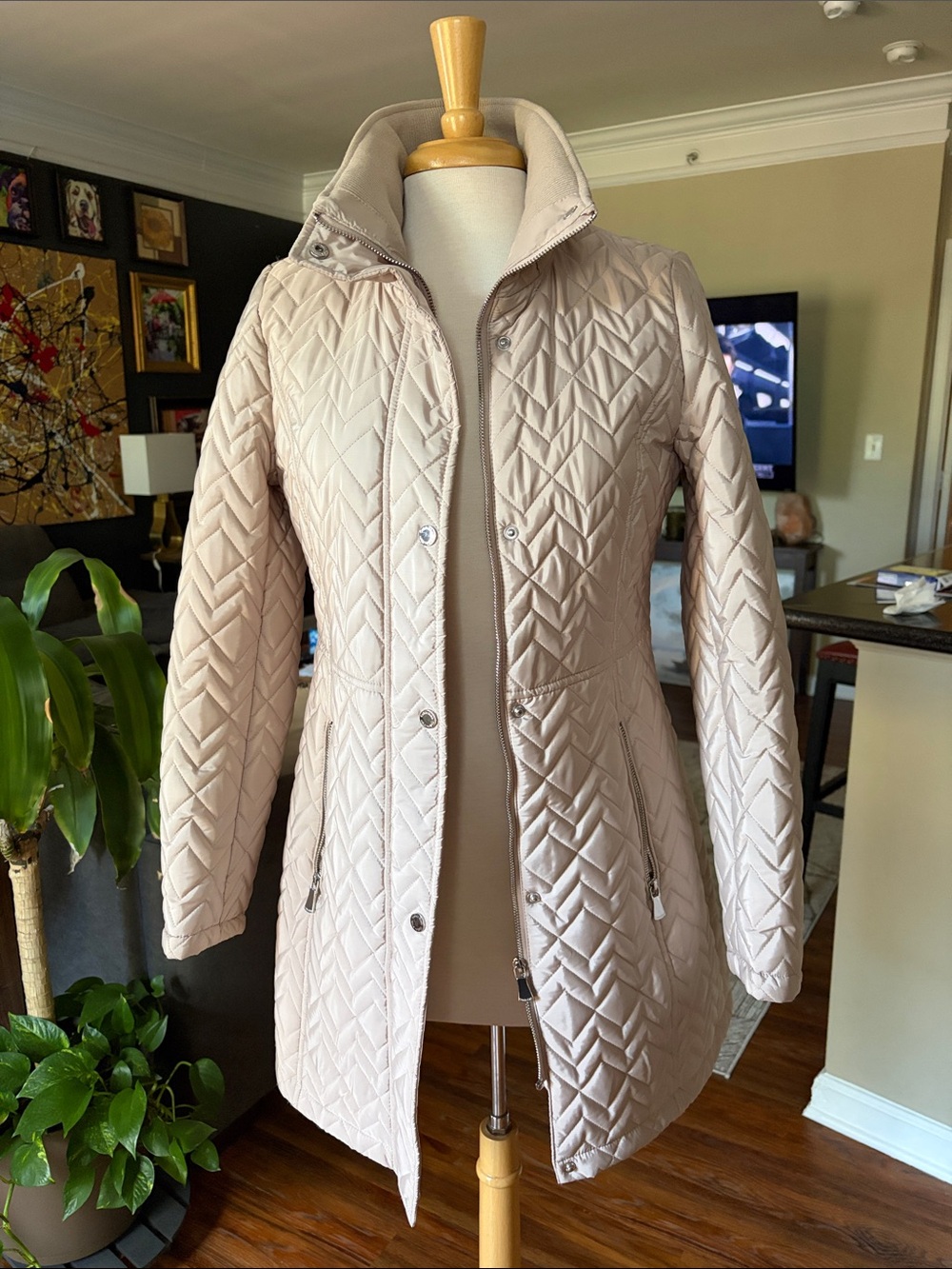 Calvin Klein Quilted Light Beige Long Puffer Coat